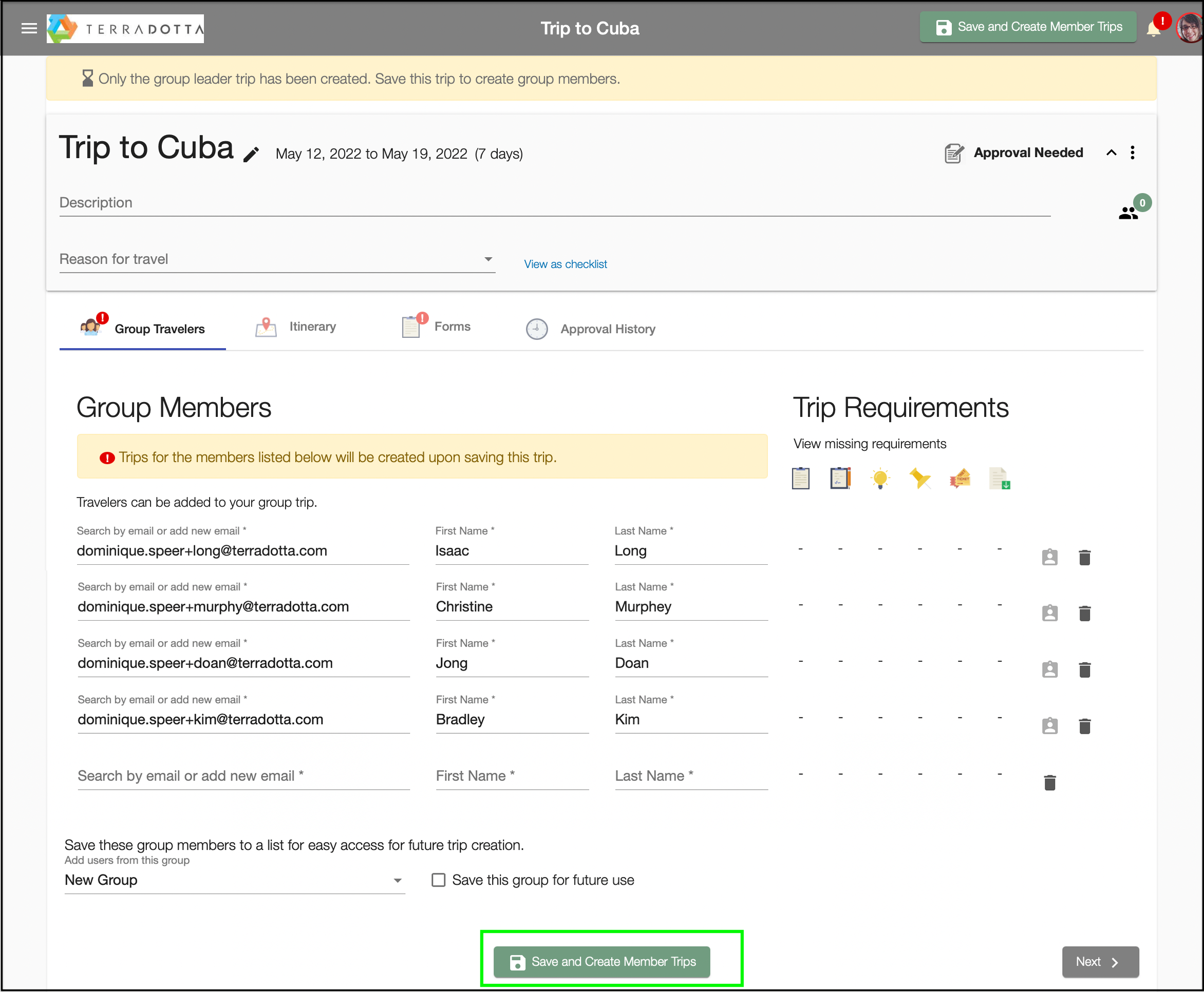 Screenshot of Travel Registry Group Travelers Tab