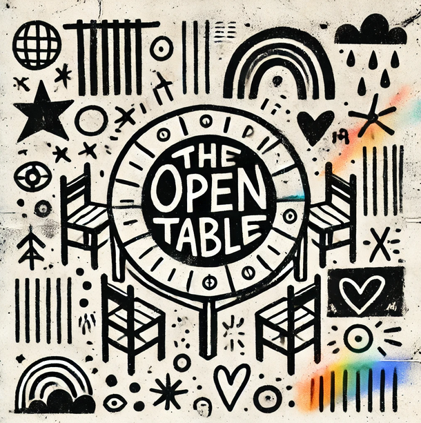 A circular logo featuring the words 'The Open Table' at the top, with rainbow gradients. A simple illustration of a round table with chairs arranged around it is at the center. Surrounding the design are small decorative symbols, including stars, crosses, and abstract shapes, all on a neutral background.