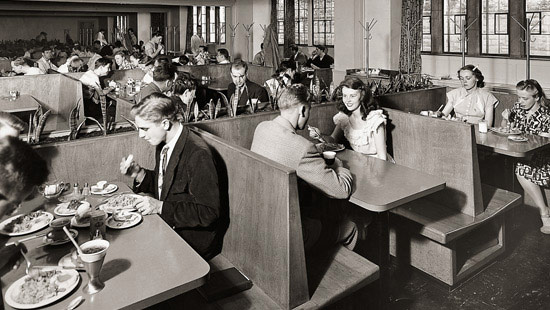 1940 - From the moment that Scott Hall's "Scott Grill" opened in 1940, it became the bustling social center of campus. The building also housed lounges, student activity offices and Cahn Auditorium.