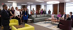 Roberta Buffett visiting the new offices of the Roberta Buffett Institute of Global Affairs at Northwestern