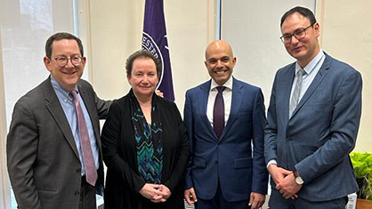 Northwestern President Michael Schill and VP Dévora Grynspan with the Israeli Consul General to the Midwest Yinam Cohen