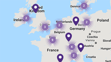 A map with markers in different countries