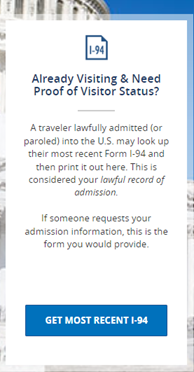 image of "Get most recent I-94 record" on CBP website