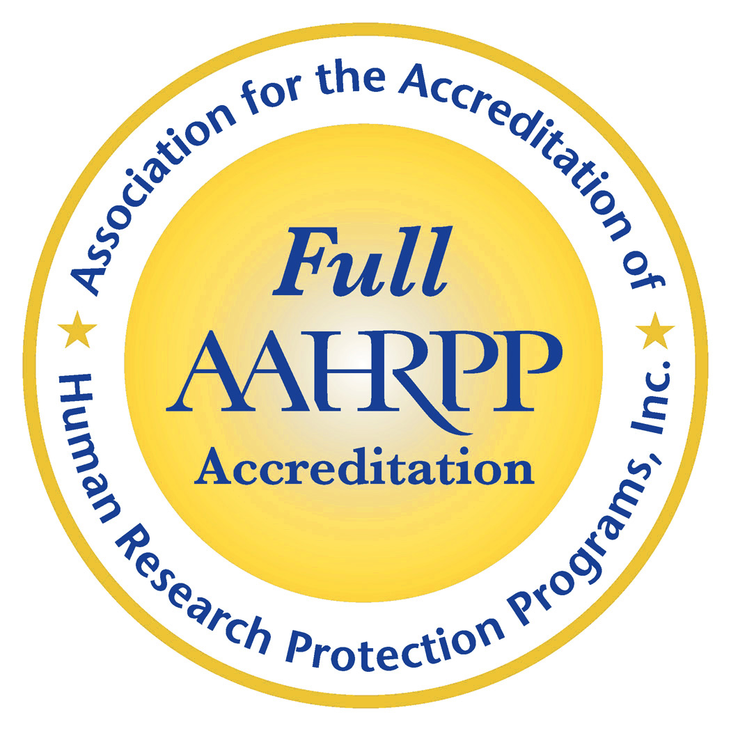 Association for the Accreditation of Human Research Protection Programs, Inc. logo with 'Full AAHPRP Accreditation' text.