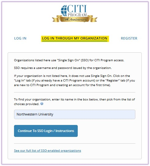 CITI login screenshot
