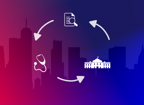 arrows pointing in a circle from a document to stethoscope to the White House