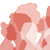 Red overlapping silhouettes of faces
