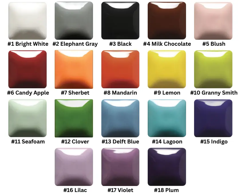 A color chart displaying 18 numbered ceramic glaze options on square swatches: #1 Bright White, #2 Elephant Gray, #3 Black, #4 Milk Chocolate, #5 Blush, #6 Candy Apple, #7 Sherbert, #8 Mandarin, #9 Lemon, #10 Granny Smith, #11 Seafoam, #12 Clover, #13 Delft Blue, #14 Lagoon, #15 Indigo, #16 Lilac, #17 Violet, and #18 Plum.