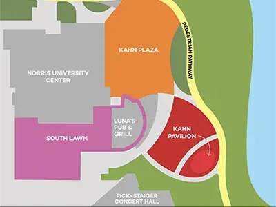 map showing a birdseye view of three outdoor spaces in relation to the center