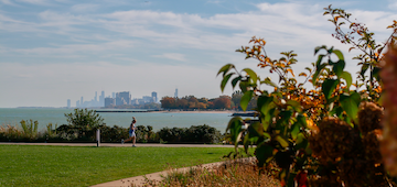 view of Chicago skyline from Evanston campus lakefill