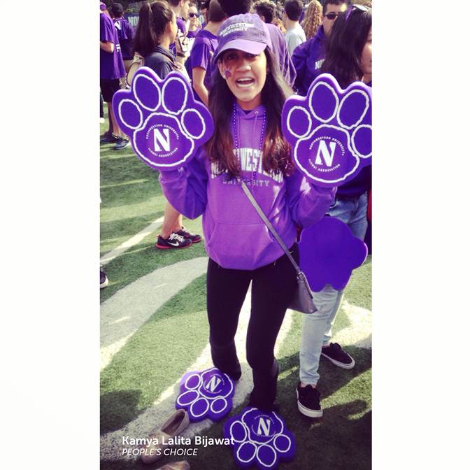 A picture of a Northwestern student decked out all in purple