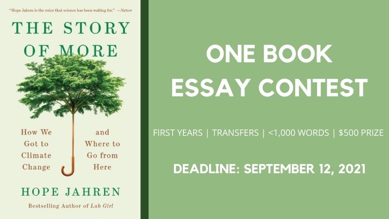 Image is of the Northwestern One Book Essay contest, which has a September 12, 2021 deadline to enter. Image is white text on a green background and also features the Story of More book jacket to the left of the white text.