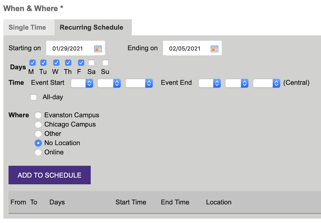 When and Where form recurring events