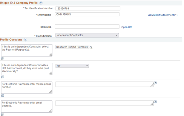Sample screen print from Registration form for independent contractor/research subject: