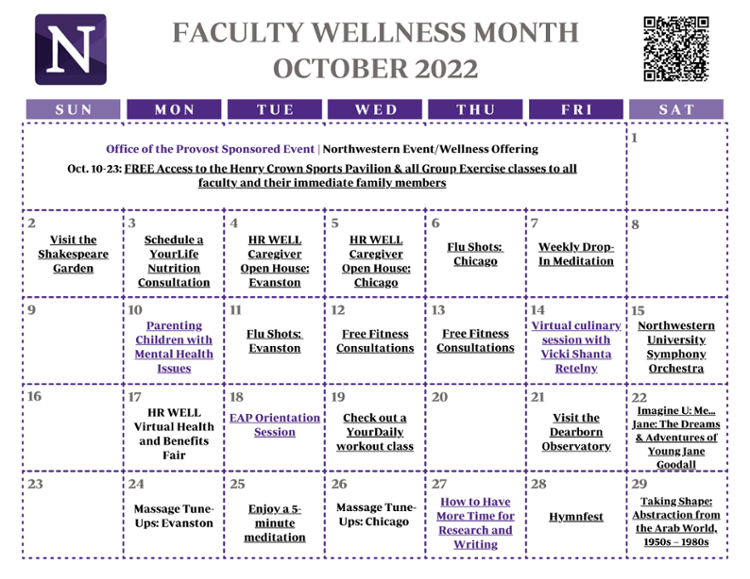 A calendar shows October 2022 with Faculty Wellness Months events