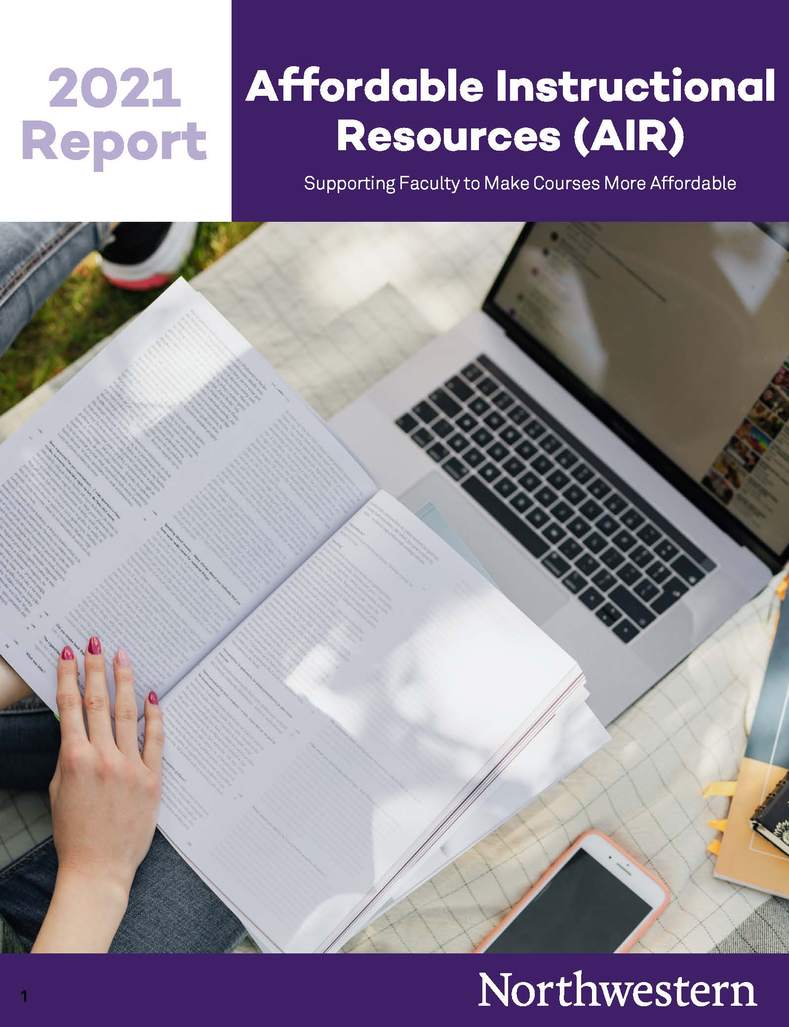 A report cover page shows a laptop. The headline reads "2021 Report: Affordable Instructional Resources (AIR), supporting faculty to make courses more affordable"