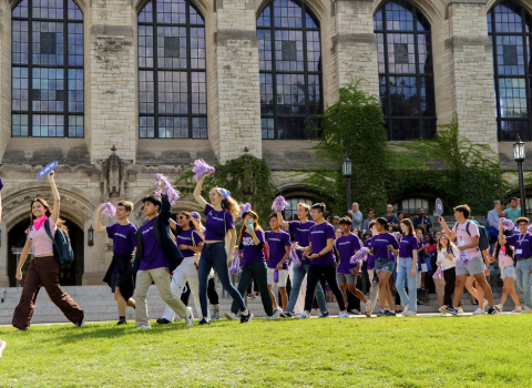 Students walking on Deering Meadow
