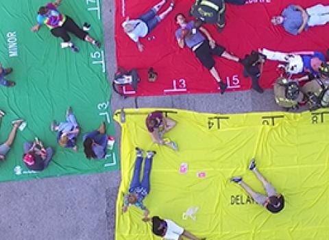 Aerial view of triage area of hazardous materials emergency