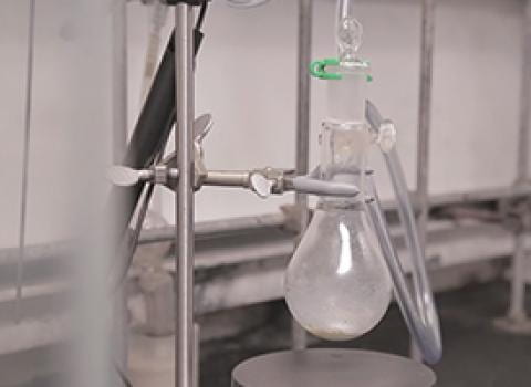 NaK solvent drying setup in a fume hood