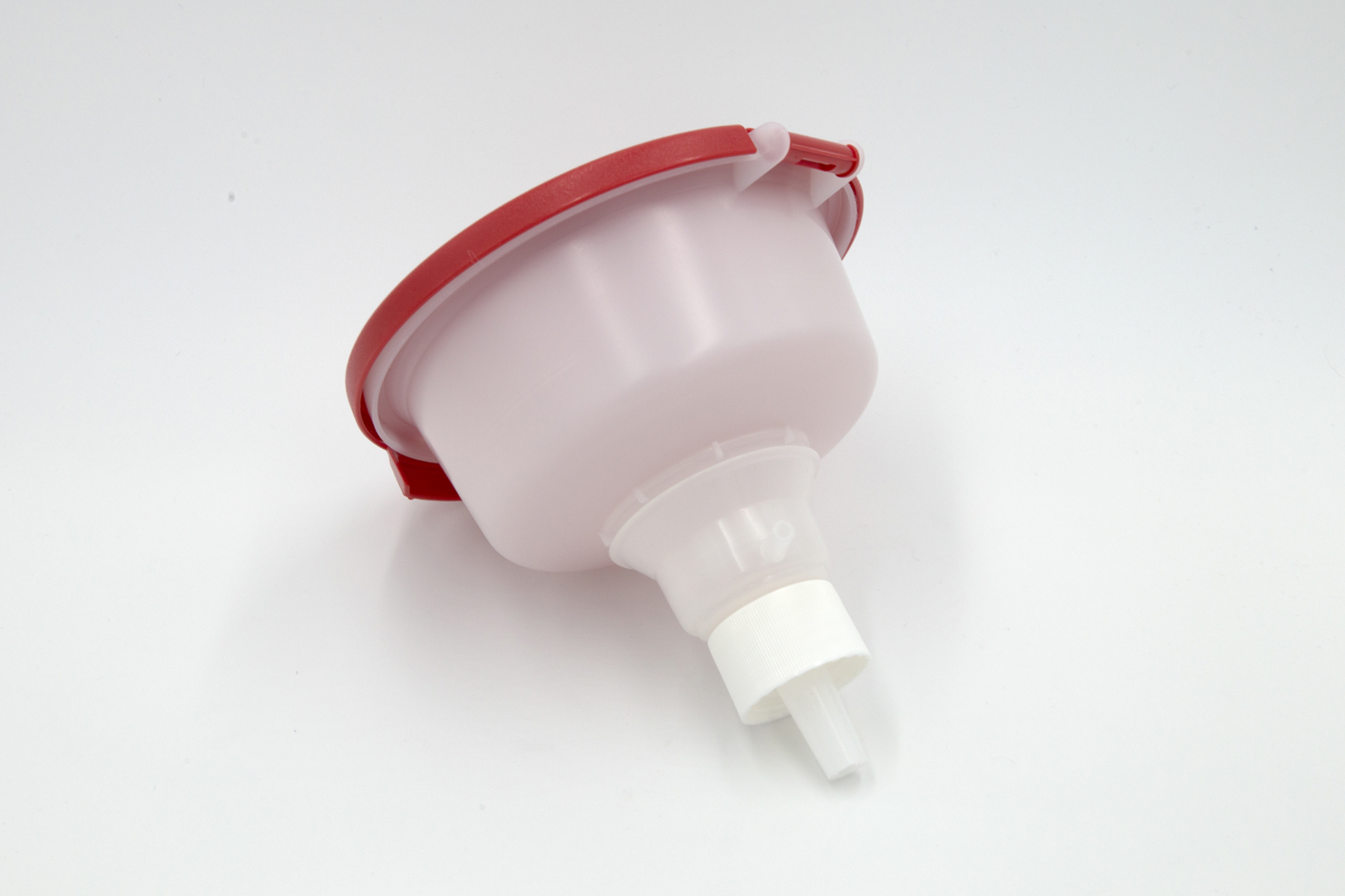 Red and white plastic waste funnel for 1 gallon jug