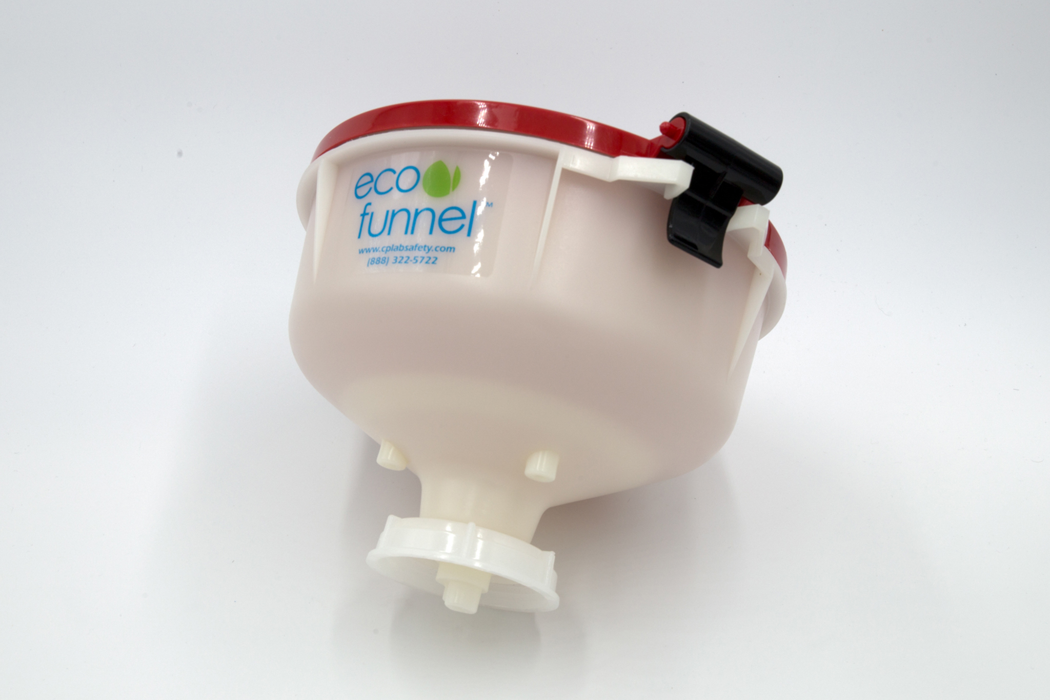 White and red plastic waste funnel for 5 gallon jug