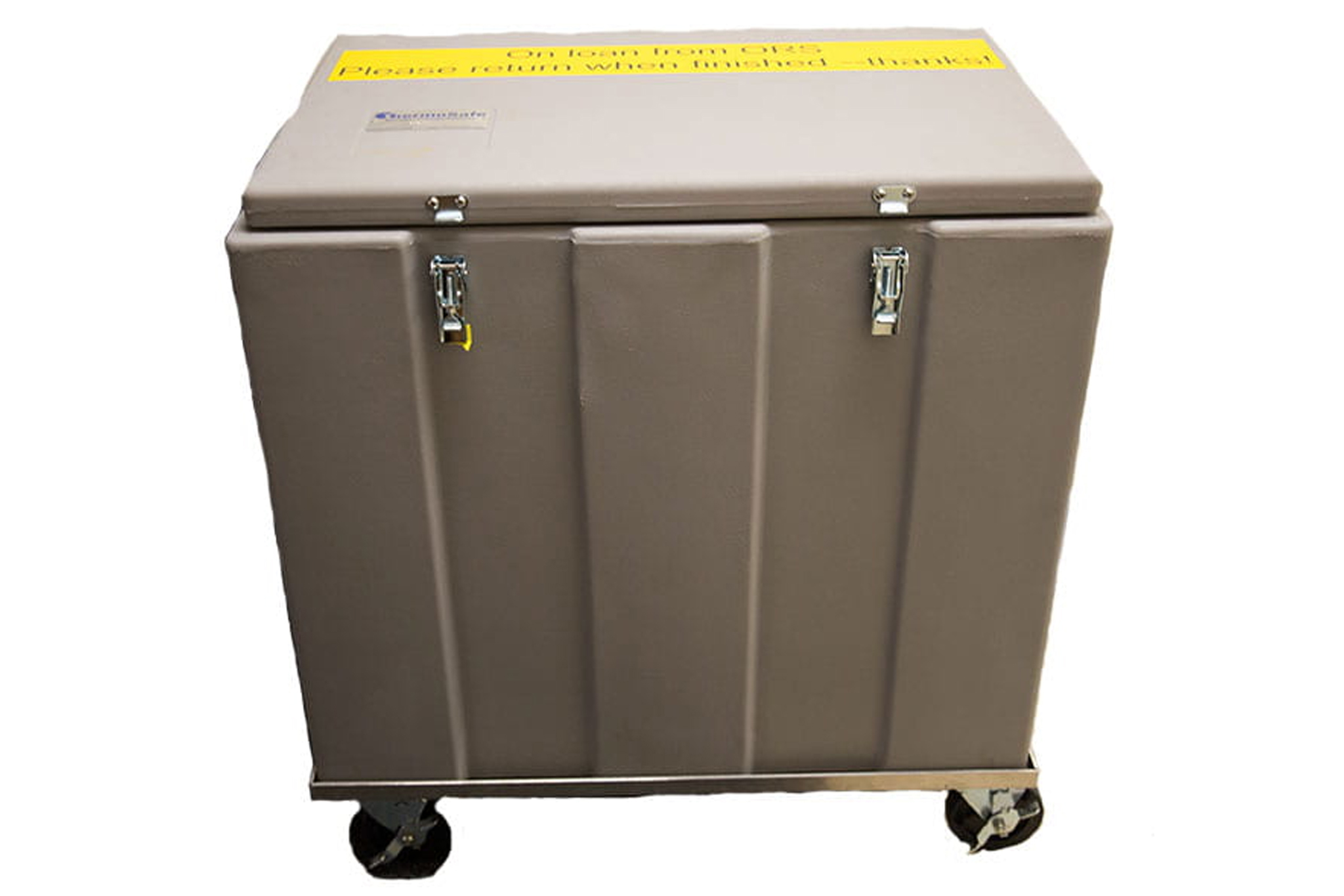 Gray, large plastic freezer box on wheels