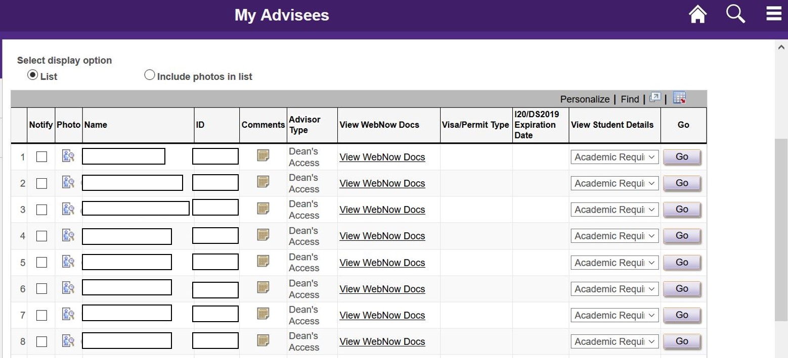 image of list of advisees