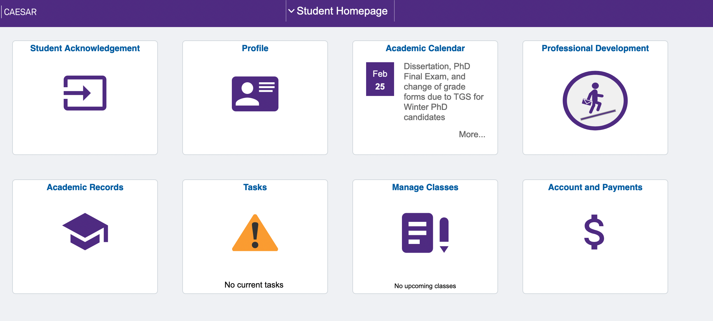 student homepage with My Account tile highlighted