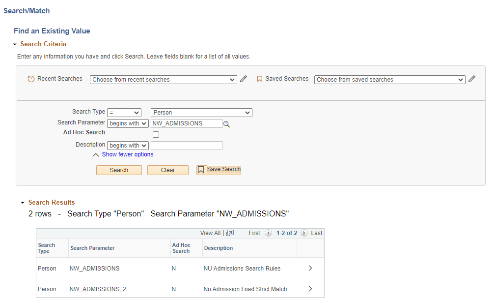 A screenshot of the find existing value search with results displayed