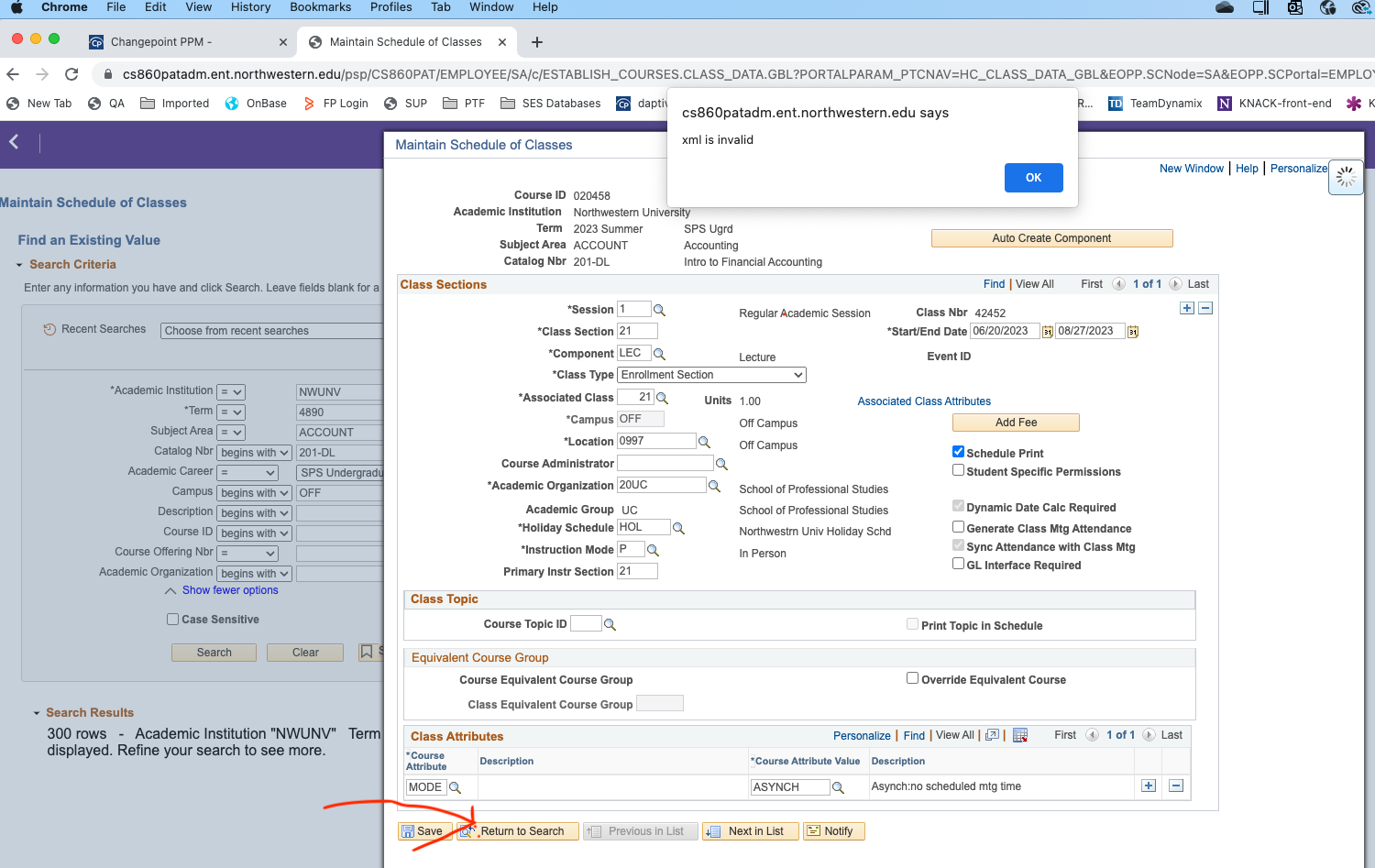 An example of what the return to search XML error looks like 