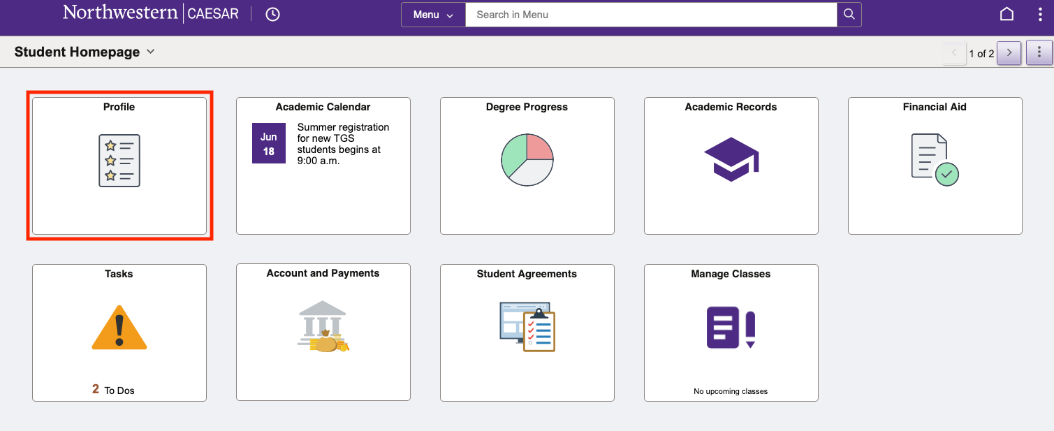 Student homepage with Profile tile highlighted