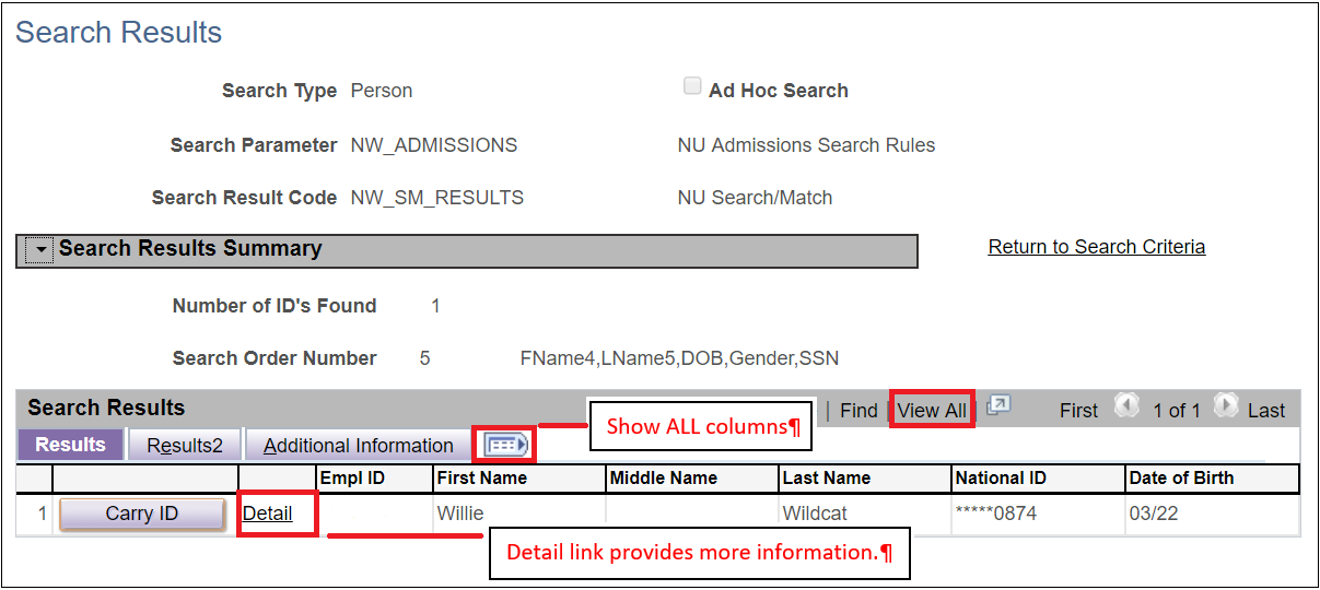 Search results page. Detail link provides more information, including email and home address, phone numbers, etc.