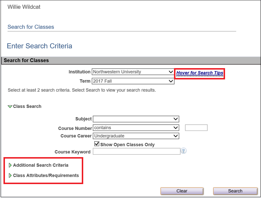 enter search criteria page