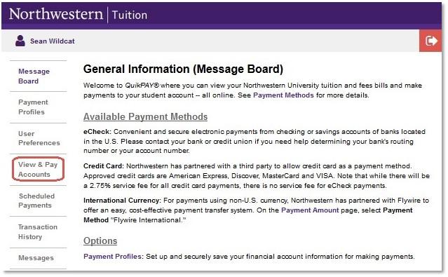 Message board for tuition and fees invoice screen