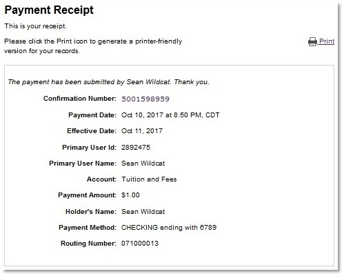 Payment Receipt for Tuition and Fees Invoice