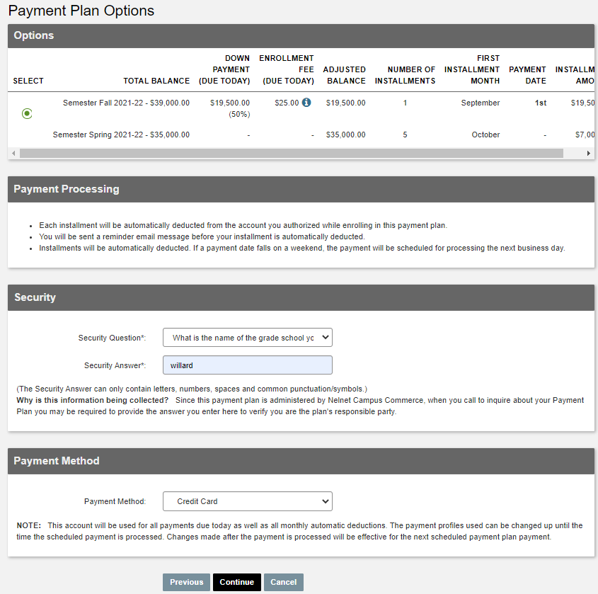 Payment plan options