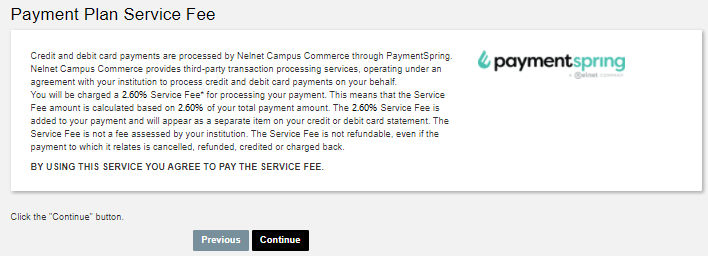 Credit card service fee reminder