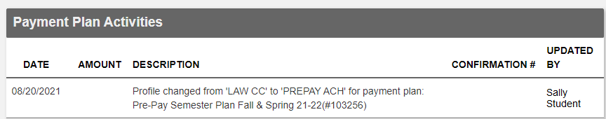 Payment plan activities shows change