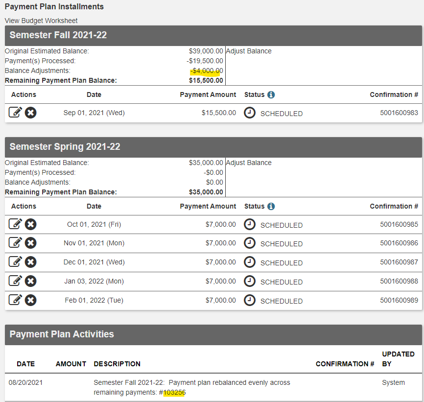 Balance adjustments show in the plan summary