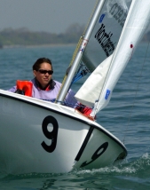 Ashley Metz sails a two-person Collegiate 420 during the 2005 Midwest Collegiate Sailing Association Team Race Championships in Evanston.