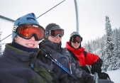 Jon Whitt (McC03), Keith Shapiro and Brendan Finnerty (McC05) ride the ski lift on the NU Club of Chicago’s Young Alumni Ski Trip in February.
