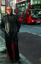 Lou Stein at London bus stop