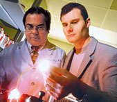 Gastroenterologist Hemant Roy, left, works with biomedical engineering professor Vadim Backman on a minimally invasive colon cancer–screening test that may be available to physicians in five years.