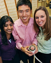 McCormick School of Engineering and Applied Science sophomores Kunj Raju Sheth, Adam Kim and Mallory Hammock tested new bubble formulations as part of Engineering Design and Communication