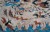 A deer jataka mural, circa 450 CE, from a Dunhuang cave. The mural narrates one of Buddha