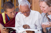 Sarah Fraser with Tibetan painters Sha bo Tshe ring, center, and his son Gendun Dargay. The master painter Sha bo Tshe ring, who died in 2004, accompanied Chinese painters to Dunhuang to make reproductions of medieval Buddhist murals in 1941–43.