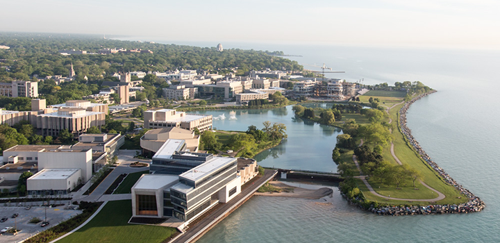 Aerial shot of Evanston campus on lake.