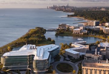 Landscape photo of Evanston campus, overlooking the lake