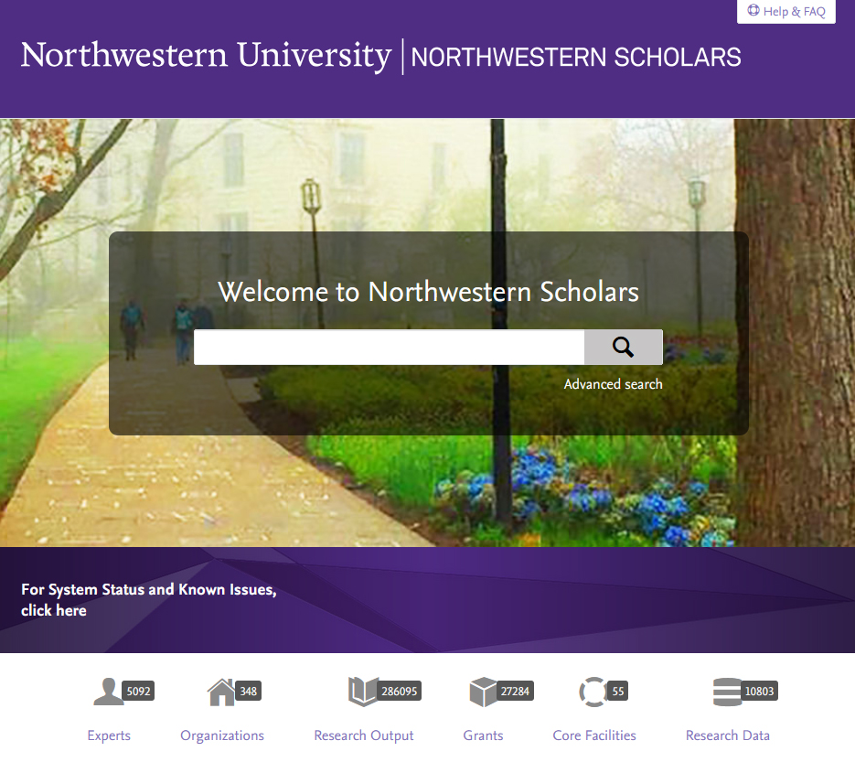 A screenshot of the Northwestern Scholars website home page