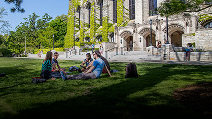 students in front of Deering library